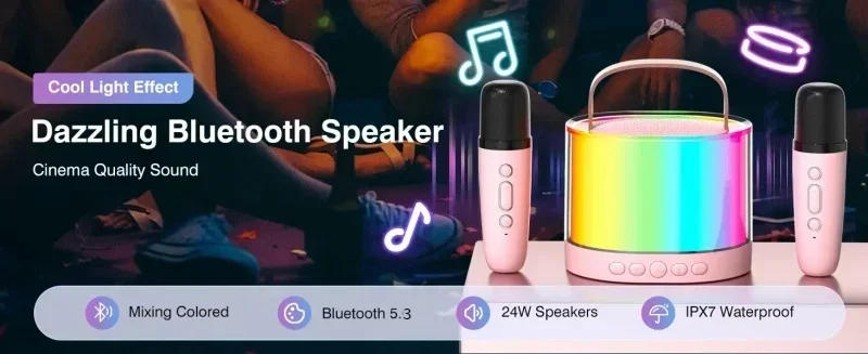 Description Picture 2 of itemK52 wireless Bluetooth speaker portable multifunction with 2 microphone RGB music player karaoke machine for Kids Xmas gifts