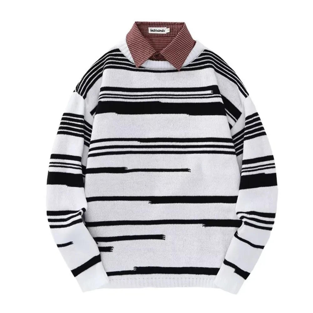 Description Picture 5 of itemStriped Sweaters Men Irregulae Slouchy Autumn Winter Contrast Color Korean Style Fashion Knitwear High Street Harajuku College