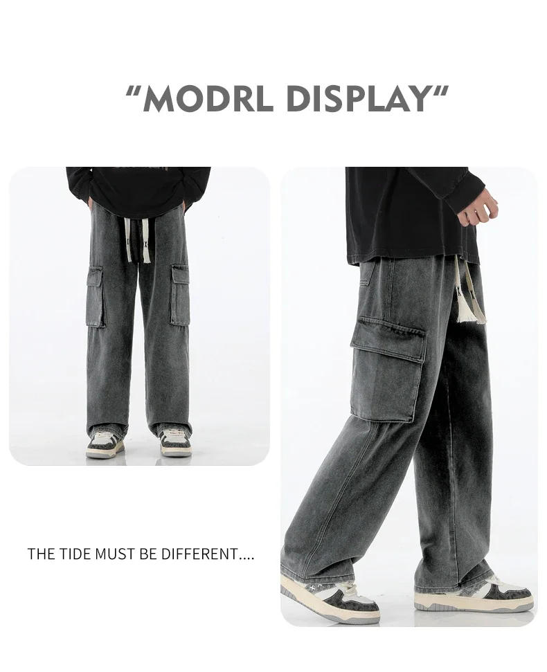 Description Picture 6 of itemAutumn New Men Cargo Jeans Baggy American High Street Y2K Multi-pocket Youth Overalls Fashion Streetwear Vintage Wide Leg Pants