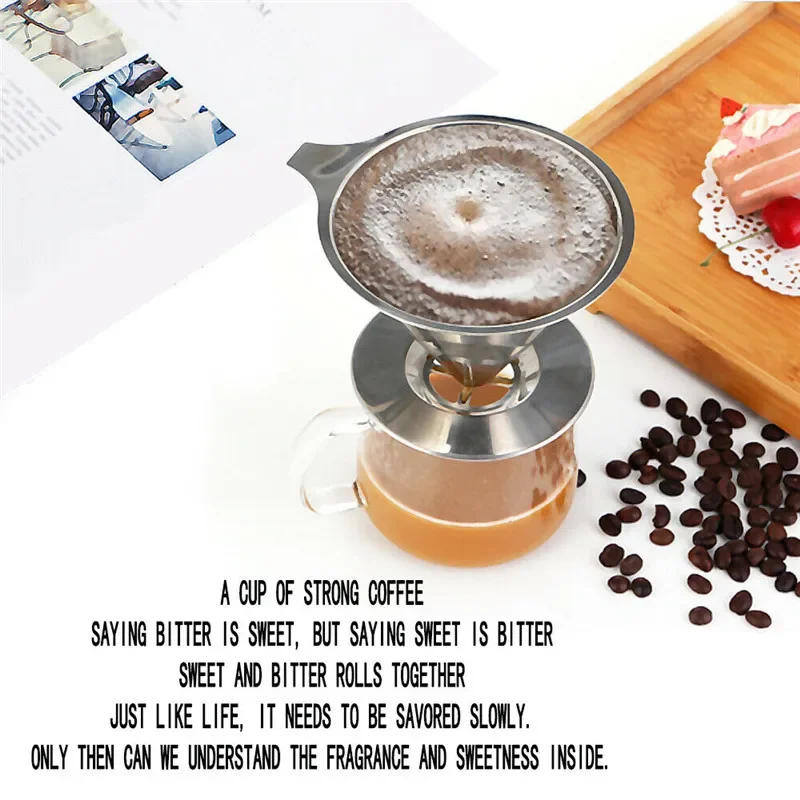 Description Picture 5 of itemReusable Coffee Filter Tea Strainer Stainless Steel Cone Coffee Filter Baskets Mesh Strainer Coffee Dripper with Stand Holder