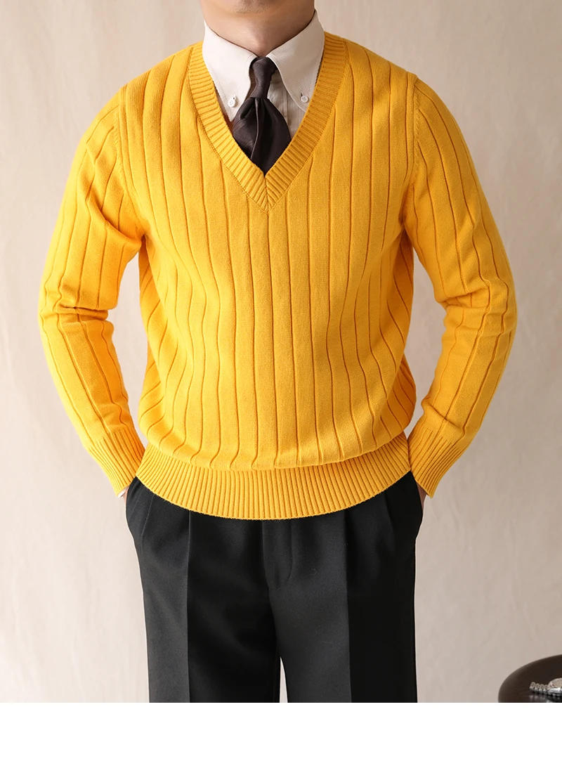 Description Picture 3 of itemWinter Thickened Warm Sweater For Men V-Neck Striped Knitwear Korean Fashion Long Sleeve Pullover Slim Fit Sweater Pull Homme