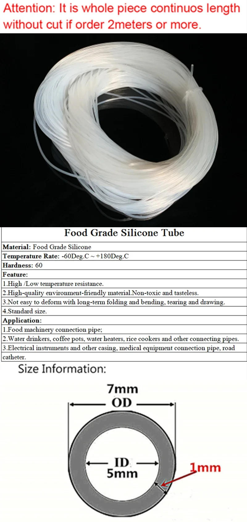 Description Picture 2 of item5M/10M Transparent Flexible Silicone Tubing ID 0.5 1 1.5 2 2.5 3 3.5 4 mm Food Grade Tube Pipe Temperature Resistance Nontoxic