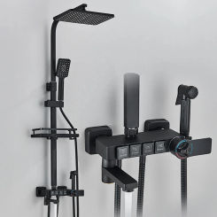 Bathroom Thermostatic Shower Set Wall Mounted Chrome Black Rainwater System Mixer Faucet Bathtub Bidet Crane