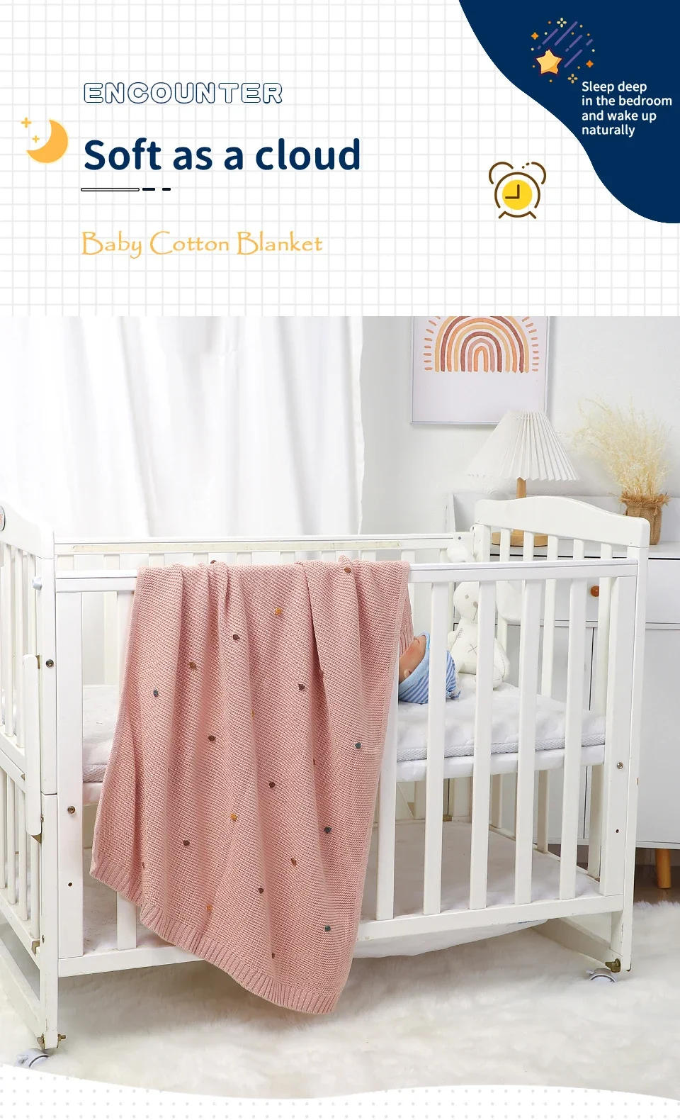 Description Picture 2 of itemKnitted Baby Blankets Newborn Bedding Infant Kids Cotton Muslin Swaddle Wrap Baby Items Stroller Blankets Nap Cover