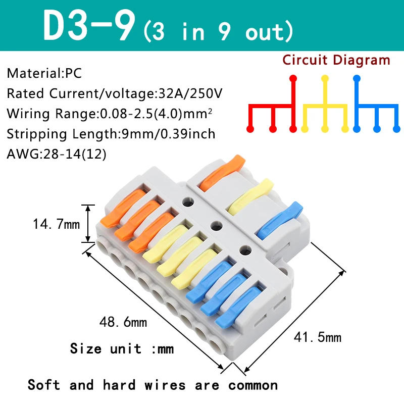 Description Picture 2 of item10PCS 3 In 9 Out Connector Wiring Terminal Quick PCT Lamp Wire Connector Parallel Wire Junction Box One in Multiple Out Splitter