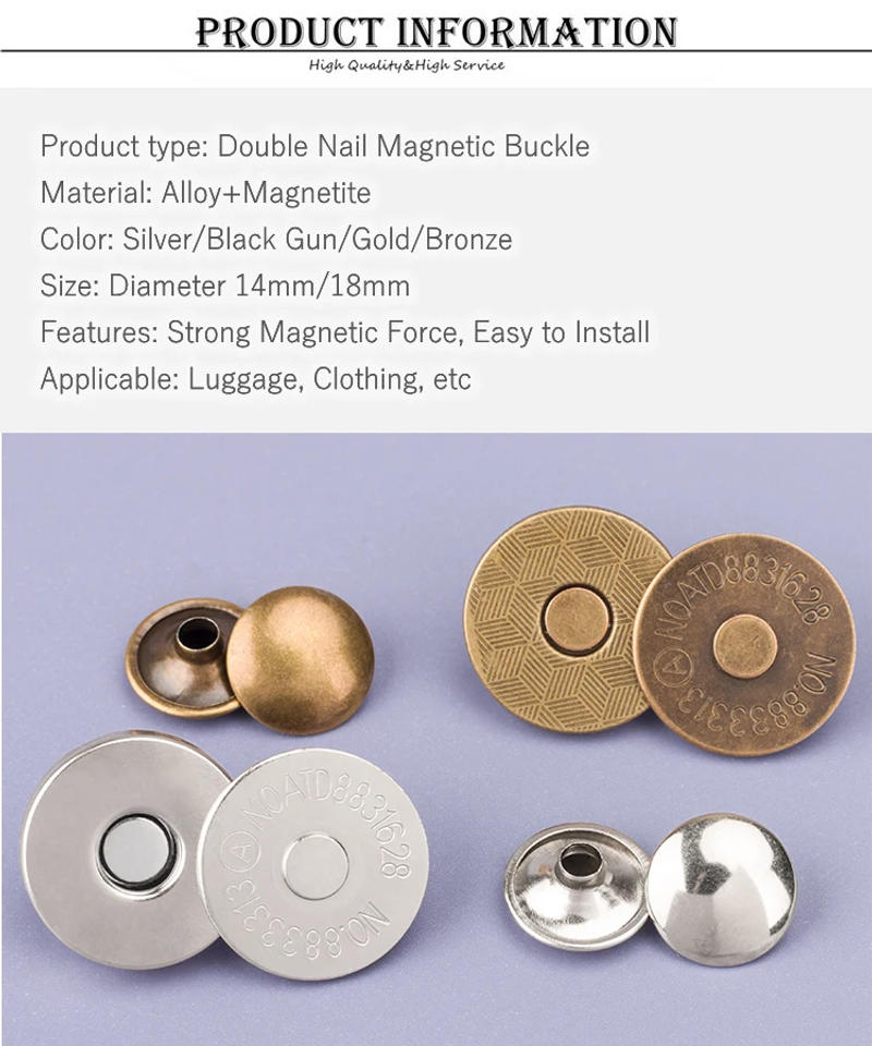 Description Picture 3 of item10 Sets Metal Double Rivet Magnetic Clasps Buttons Fastener Bag Press Buckle Purses Handbag Clothes DIY 14/18mm