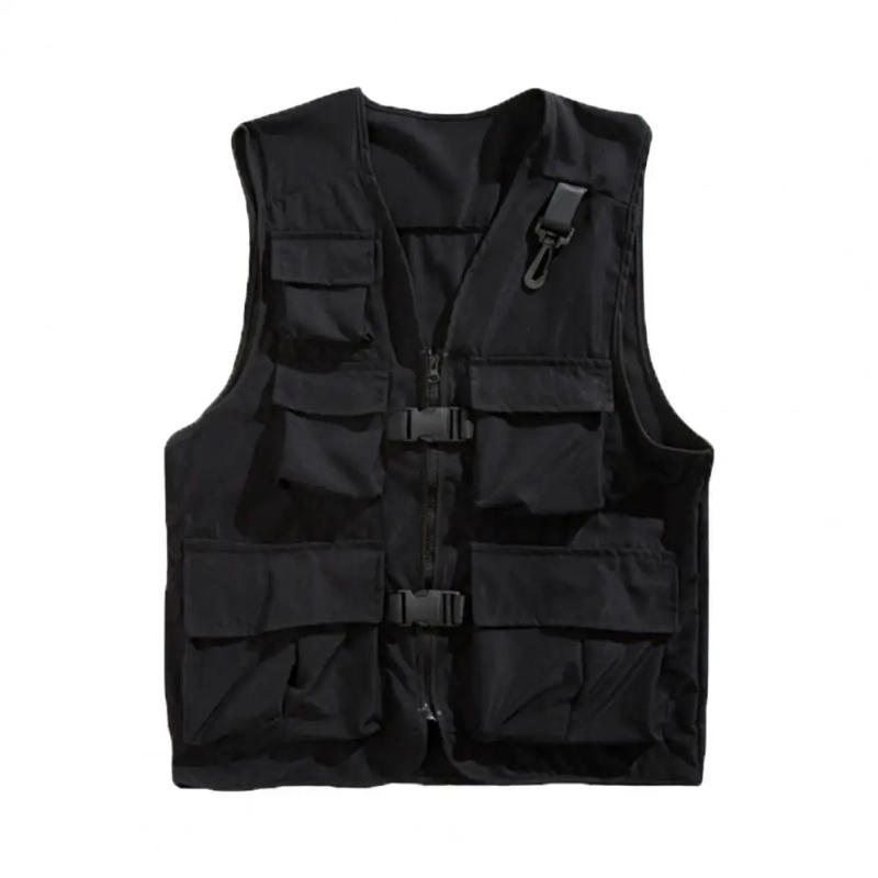 Description Picture 6 of itemMen Casual Vest Coat V-neck Sleeveless Cargo Vest Multi Pockets Solid Color Zipper Buckle Placket Waistcoat Outerwear Men