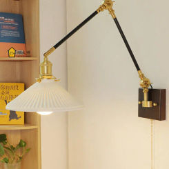 Japanese Design Wabi-sabi Adjustable Wall Lamp with Pull Switch Walnut Ceramics Lampshade LED E27 Bedroom Bedside Livng Room Bar