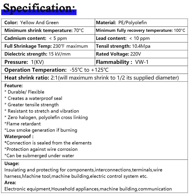 Description Picture 3 of item1~15m Yellow-Green 2:1 Heat shrink Tube Dia 1~50mm Heat-Shrink Tubing Wire Repair Protector Cable Connector Insulation Sleeving