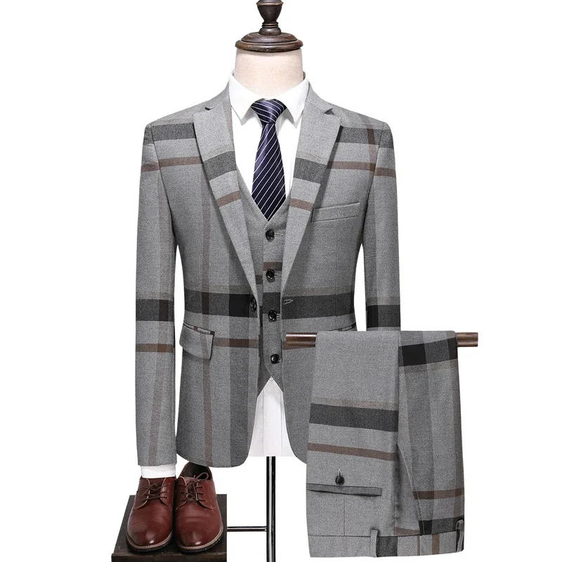 Description Picture 2 of item2024 Men's Pants and Vest Set 3-piece/Business Leisure Fashion 3-piece Set Checkered Suit Coat Pants and Vest