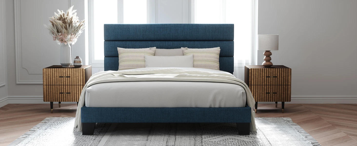 Description Picture 2 of itemKing Size Navy Blue Platform Bed Frame with Fabric Upholstered Headboard and Wooden Slats Support, Fully Upholstered Mattress
