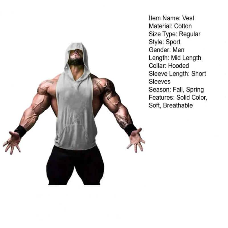Description Picture 3 of itemLoose Bodybuilding Fitness Vest Men's Sleeveless Hooded Sports Vest with Deep Armpit Big Patch Pocket Solid Color for Exercise