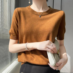 Summer Cashmere sweater pullover solid color O-neck short sleeve knitted cashmere sweater thin casual cashmere short sleeve