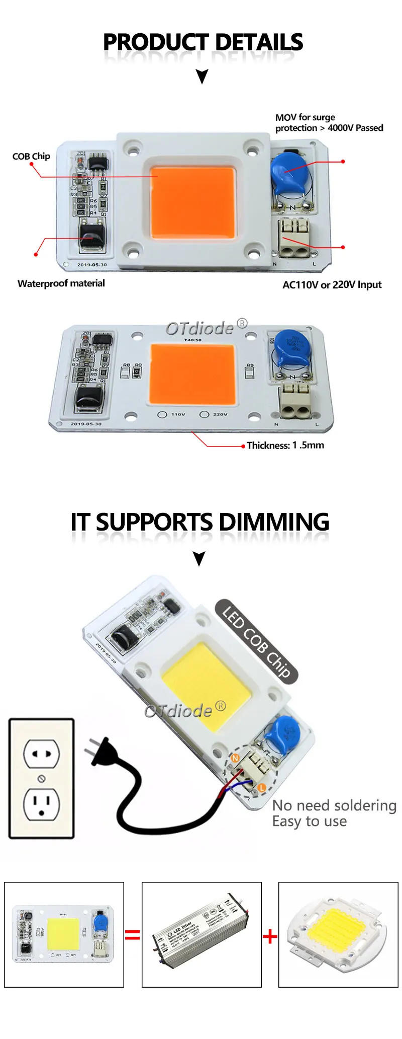 Description Picture 3 of itemLED 50W COB Chip Bulbs AC 110V 220V Integrated Smart IC Driver Cool White Warm White Red Green Blue Yellow Pink Full Spectrum