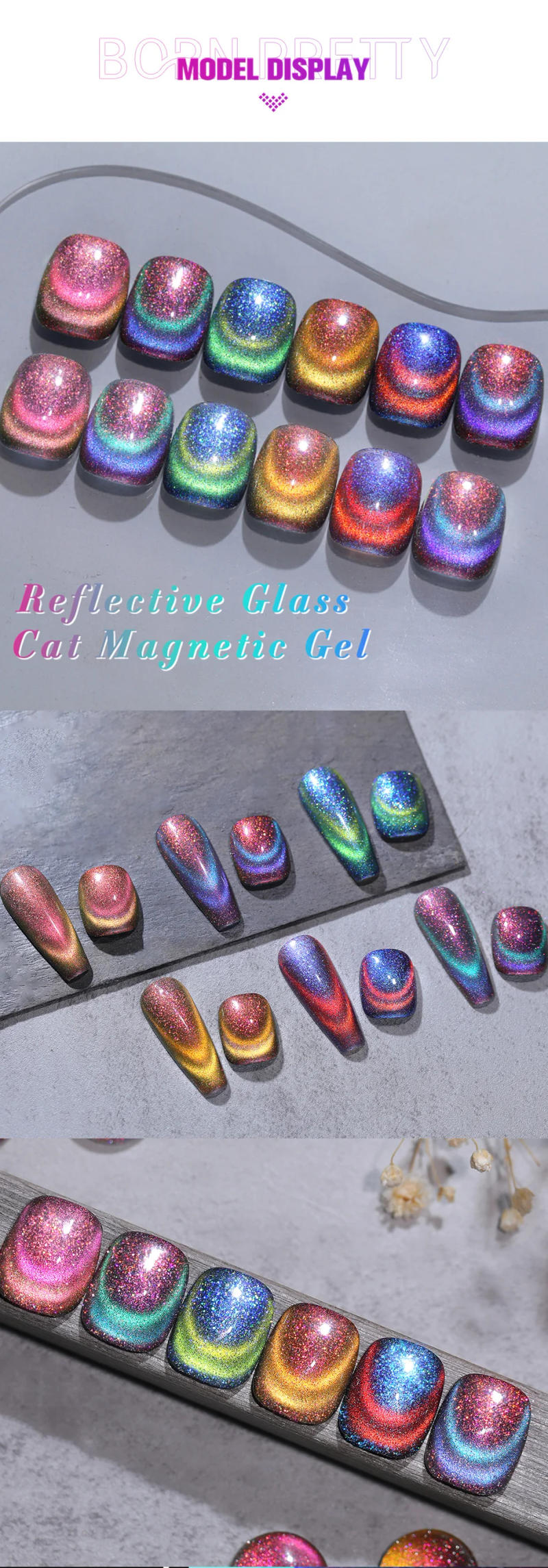Description Picture 5 of itemBORN PRETTY 10ml Reflective Glass Cat Magnetic Gel Nail Polish Semi Permanent Soak Off UV Gel Nail Art Magnet Laser Gel