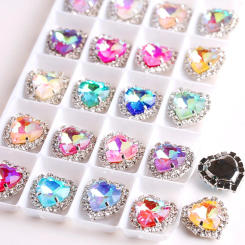 Jelly candy AB colors Glass crystal Heart shape with rhinestone chain in Silver metal claw settings Sew on diy trim