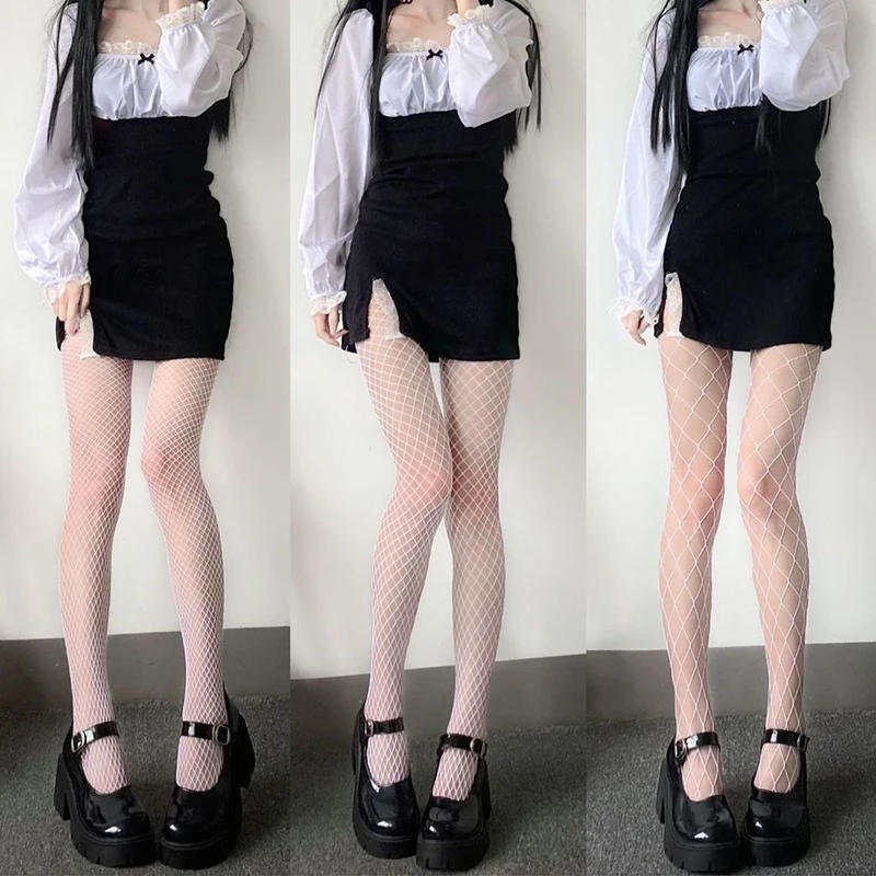 Description Picture 3 of itemBlack White Fishnet Stockings Women Sexy Transparent Tights Slimming Long Socks Leggings Mesh Nylon Lingerie Lolita JK Pantyhose