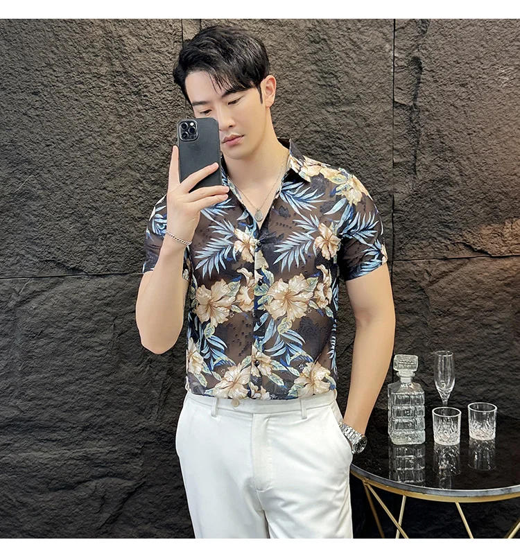 Description Picture 5 of itemBrand Clothing Male High Quality Short Sleeve Shirt for Summer Men Printed Lapel Cut-out Shirts Plus Size 4XL-M