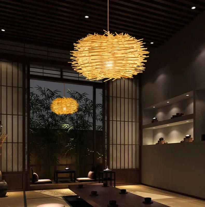 Description Picture 2 of itemJapanese Bamboo Chandelier Chinese Style Rattan Woven Hanging Light Ceiling Lamp for Home Cafe Bar Decorate Restaurant Lighting