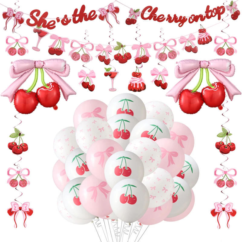Description Picture 3 of itemBow Cherry Party Decor She's the Cherry On Top Banner Cherry Bow Balloon Set Girl Birthday Wedding Engagement Party Supplies