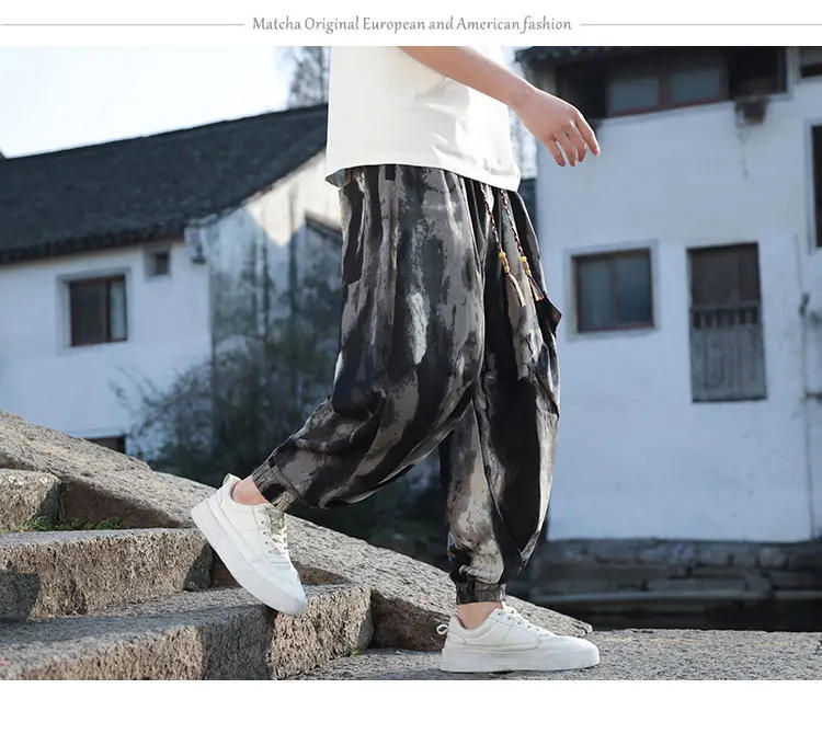 Description Picture 6 of itemMr.nut Ink Wash Men Wide Leg Harem Pants with Pockets Ice Silk Loose Oversize Lantern Joggers Retro Trousers Chinese Clothing