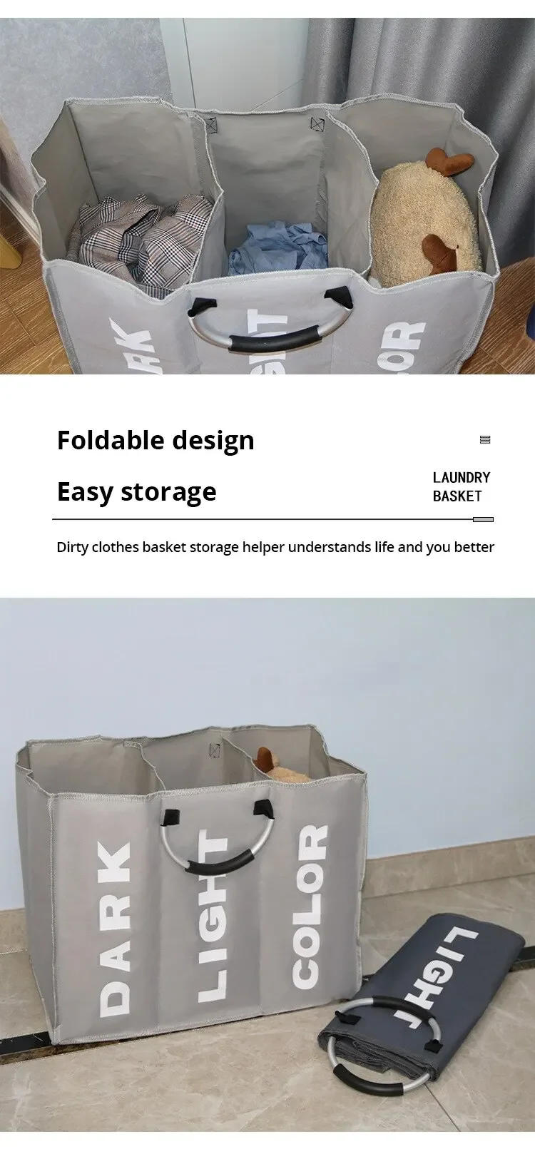 Description Picture 4 of item1pc 3 Grids Foldable Laundry Basket Bag Dirty Clothes Laundry Hamper Waterproof Oxford Durable Fabric Dirty Storage Basket