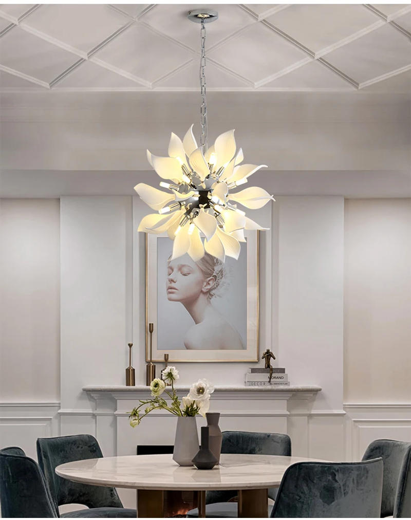 Description Picture 6 of itemChandelier dining room square droplight nordic pendant lights dining table Ceramic flower petals hanging lamps for ceiling
