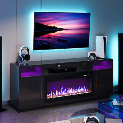 70" Fireplace TV Stand TVs Up to 75",LED Light Entertainment Center 36"Electric Fireplace Heater, Storage Cabinet,Console Table