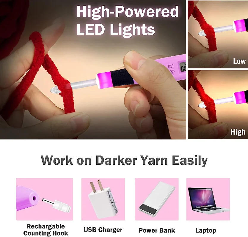 Description Picture 4 of item17pcs Crochet Hook Set with Counter Ergonomic Knitting Needles Kit with Led Light&Row Digital Counter DIY Tool for Knitting Hook