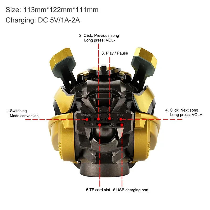 Description Picture 6 of itemOriginal Transformers Bluetooth Speakers Bumblebee Head Bluetooth Speakerdual Speakersled Light Heavy Basssuitable,Tf, Fm Radio