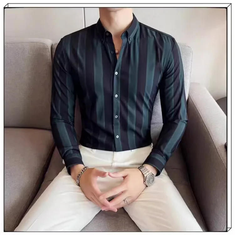 Description Picture 6 of itemClassics Contrasting Stripes Shirt for Men Summer Long Sleeve Casual Slim Fit Business Dress Shirts Slim Social Tuxedo Blouse