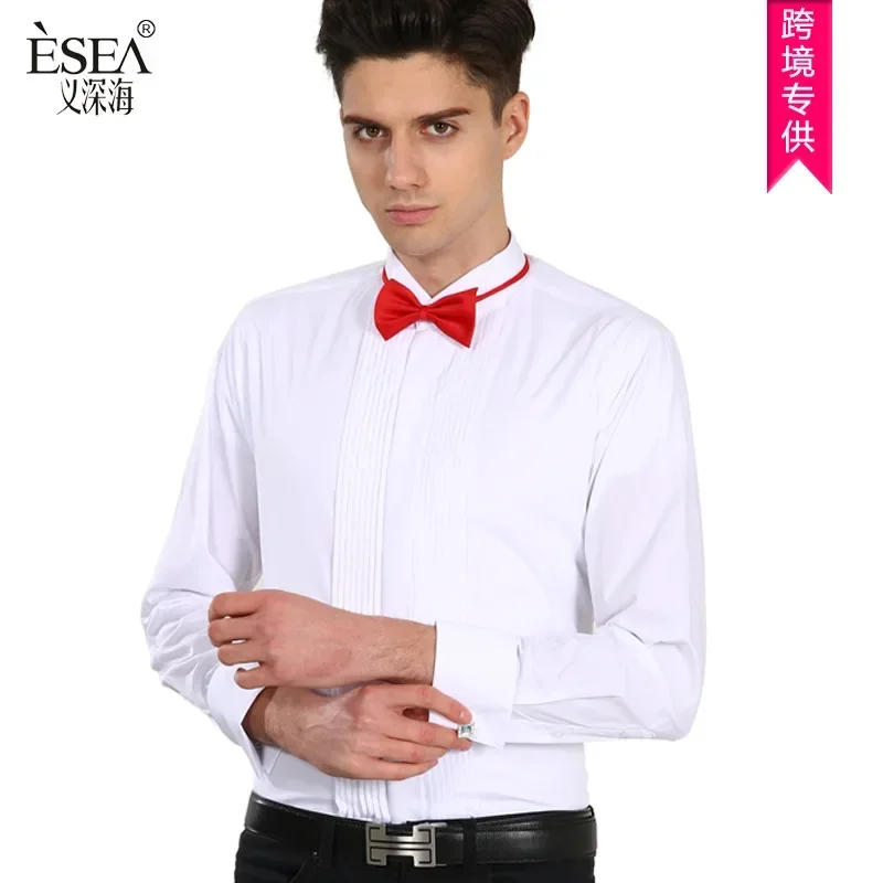 Description Picture 3 of item2024 new men's long sleeve shirt High quality tuxedo standing collar wedding dress shirt men's white French cufflink shirt