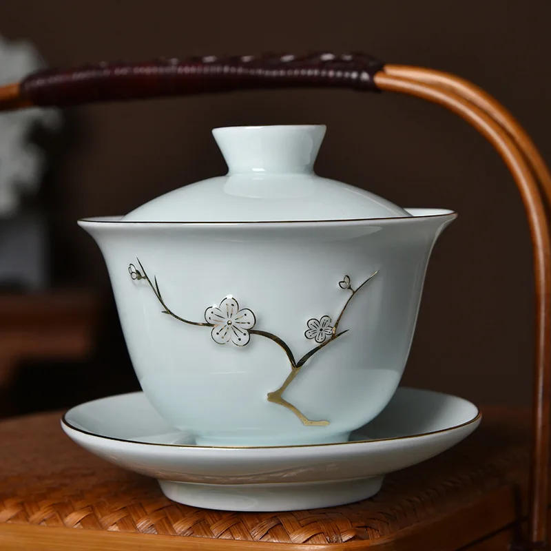 Description Picture 6 of itemTraditional Chinese Gaiwan Sancai Teacup Pot with Lid Ceramic Tea Tureen Porcelain Tea Cup with Gold Trim Teaware Teapots Set