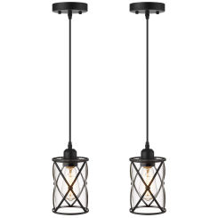 2 Pack Mini Glass Pendant Light for Kitchen, Cage Pendant Lighting in Black Finish with Clear Glass, Adjustable Length