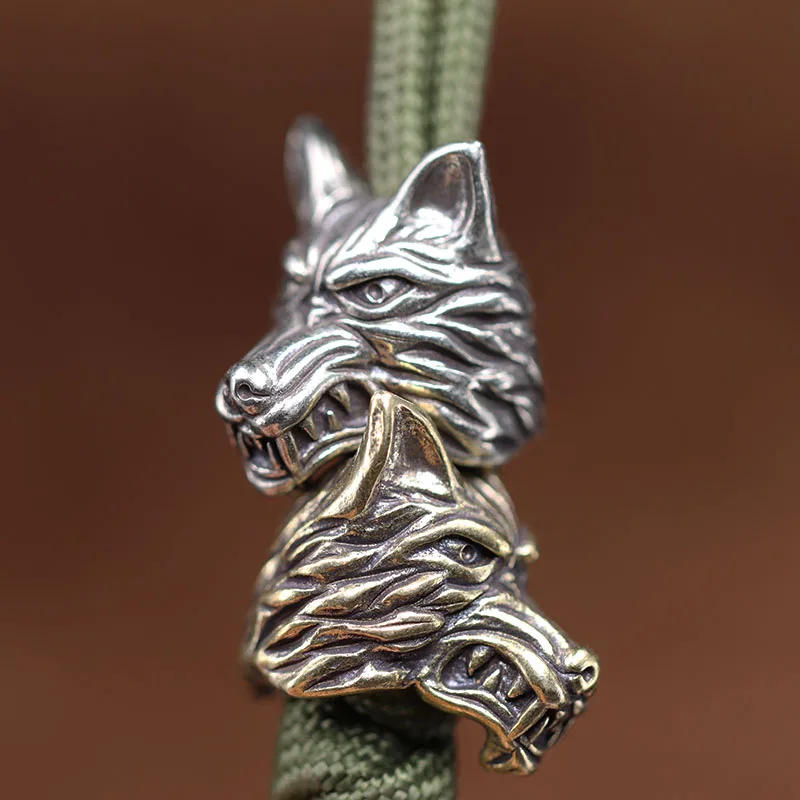 Description Picture 4 of itemGrey Wolves Head Sculpture Brass Knife Bead Outdoor EDC Umbrella Rope Pendant DIY Paracord Bracelet Accessories Lanyard Hangings