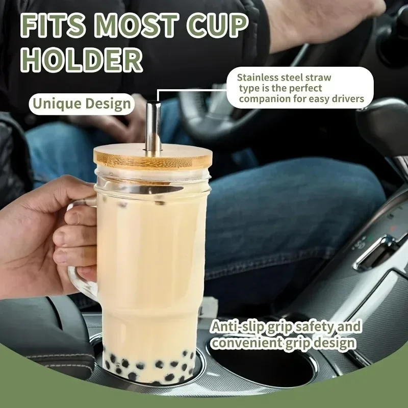 Description Picture 5 of item24OZ Glass Cup With Wooden Lid Straw Transparent Pearl Milk  Juice Milk Thickened Glass Cup Breakfast Cup Drinkware Coffee Mug