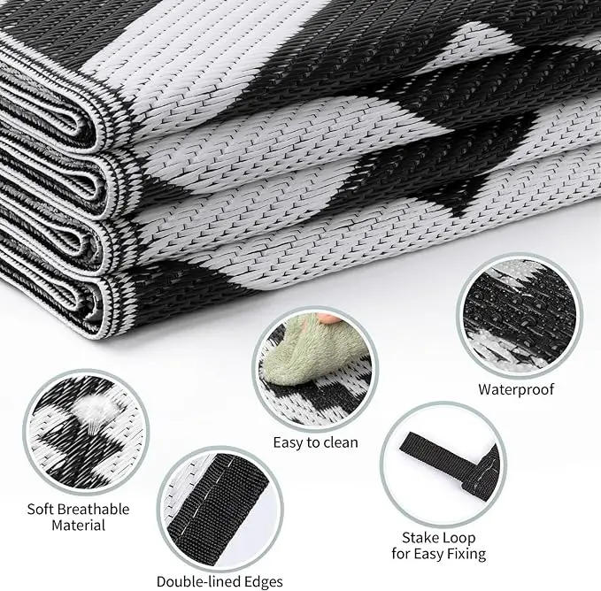 Description Picture 5 of itemMiRcle Sweet Waterproof Outdoor Rug 4X6 ft Reversible Black & White Plastic Straw Patio Carpet for Camping, 120X180cm Floor Mat