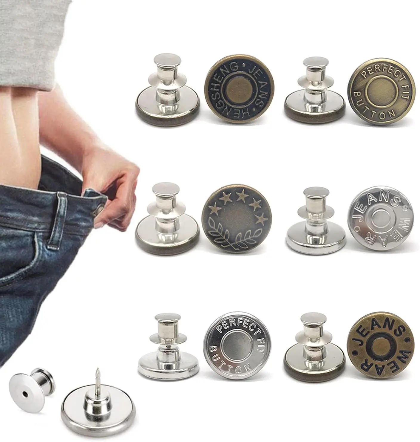 Description Picture 2 of item4/8Pcs Adjustable Jeans Button Pins Pant Waist Tightener No Sew Jean Button Pins for Pants Clothing Button Accessories