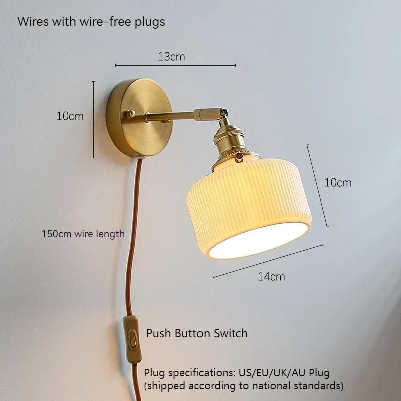 Description Picture 4 of itemJapanes Vintage Wall Lamp Brass Ceramic Lampshade Pull Wire Switch Swivel Sconce for Bedroom Bedside Wall Light Home Decoration