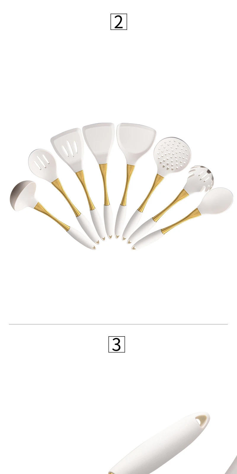 Description Picture 4 of item8Pcs White Gold Silicone Kitchenware Cooking Utensils Kitchen Accessories Spatula Turner Heat-resistant Pasta Colander Shovel