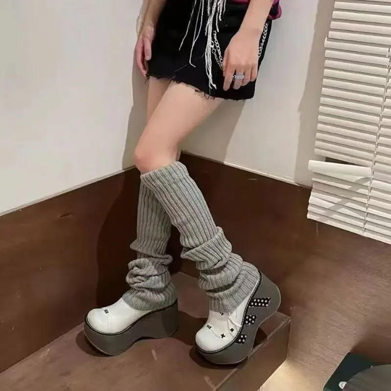 Description Picture 5 of item42/52/72cm Leg Warmers Lolita Socks Y2K Knitted Warm Foot Cover White Black Warmer Lady Autumn Winter Crochet Sock Boot Cuffs