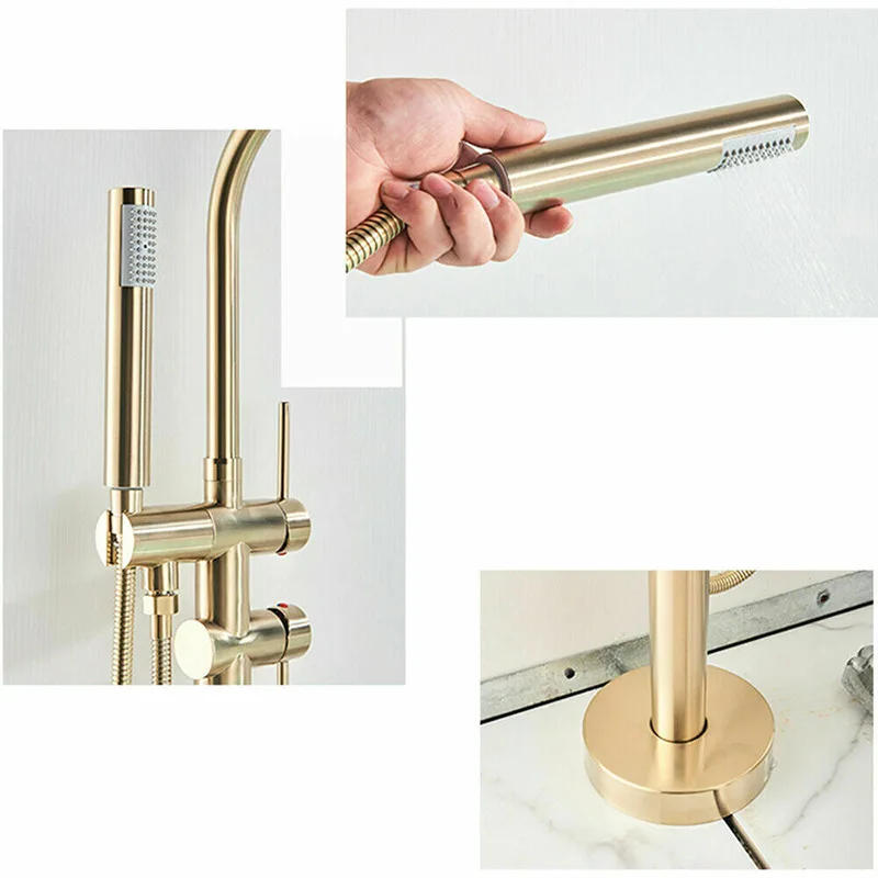 Description Picture 6 of itemBrushed Gold High Rise Round Pipe Bath Mixer Floor Mounted Bathtub Filler Shower Roman Tub Faucet Set  Stand