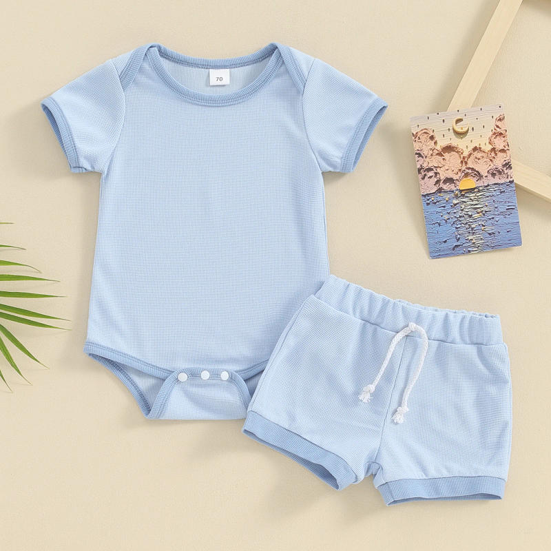 Description Picture 5 of itemCasual Summer New Baby Boy Girl Outfit For Kids Clothes Patchwork Crew Neck Short Sleeve Rompers Shorts 2Pcs Kids Clothin Set
