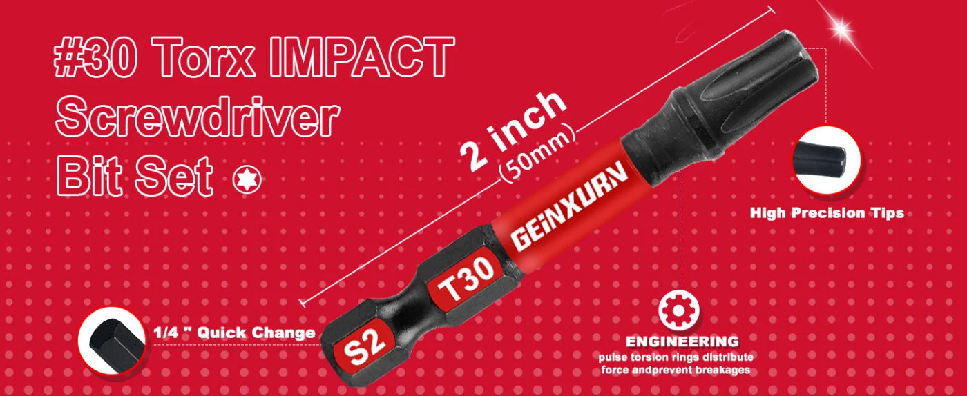 Description Picture 3 of itemGeinxurn 2 In.Impact Tough Magnetic Power Bit Set, Torx Head Power Bits,S2 Alloy Steel Star T30 Screwdriver Bits Set