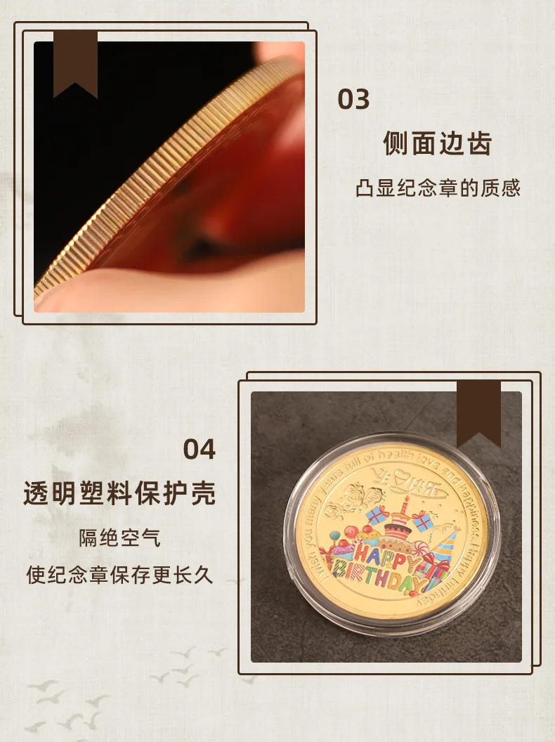 Description Picture 6 of item2Pcs Collection Coin Lucky Happy Birthday Commemorative Coins Happy Birthday Gift Good Luck Happiness Non-currency Coins