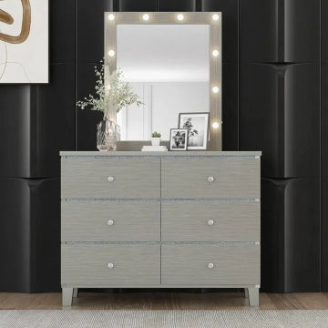 Wood Dresser for Bedroom With 6 Drawers Modern Wide Storage Dual Chest With Round Crystal Handle Make Up Table Dressing Dressers