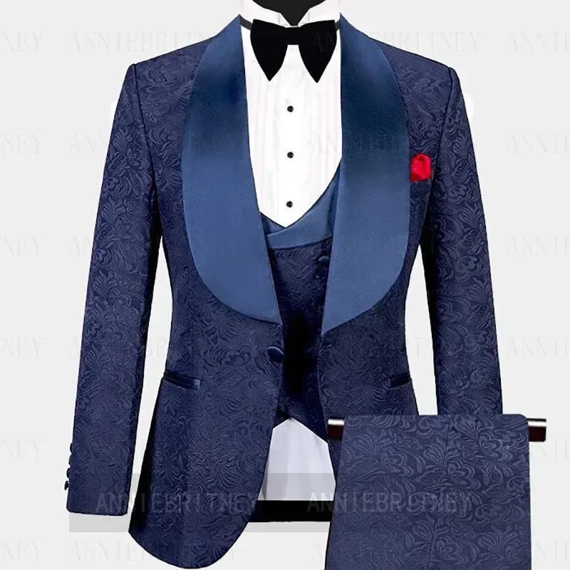 Description Picture 5 of itemBeige Jacquard Shawl Lapel Formal Wedding Elegant Men Suit Groom Tuxedo Prom Slim Fit Blazers High Quality Custom 3 Piece Set