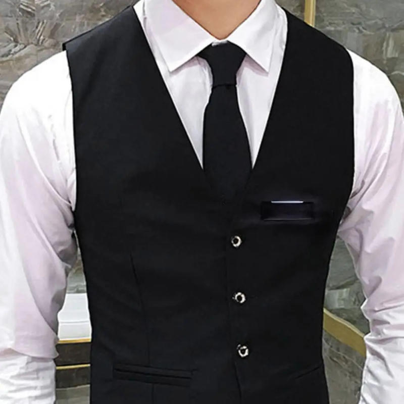 Description Picture 2 of itemStylish Men's Slim Fit V-neck Suit Vest Single-breasted Cardigan for Formal Business Groom Wedding Coat Solid Color Elegance