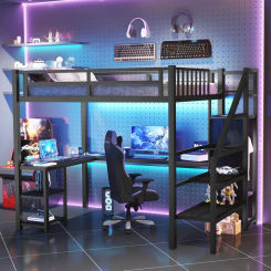 Full Size Loft Bed with Stairs and Desk, Metal Gaming Loft Bed with RGB LED Light, Heavy-duty Steel Loft Bed Frame