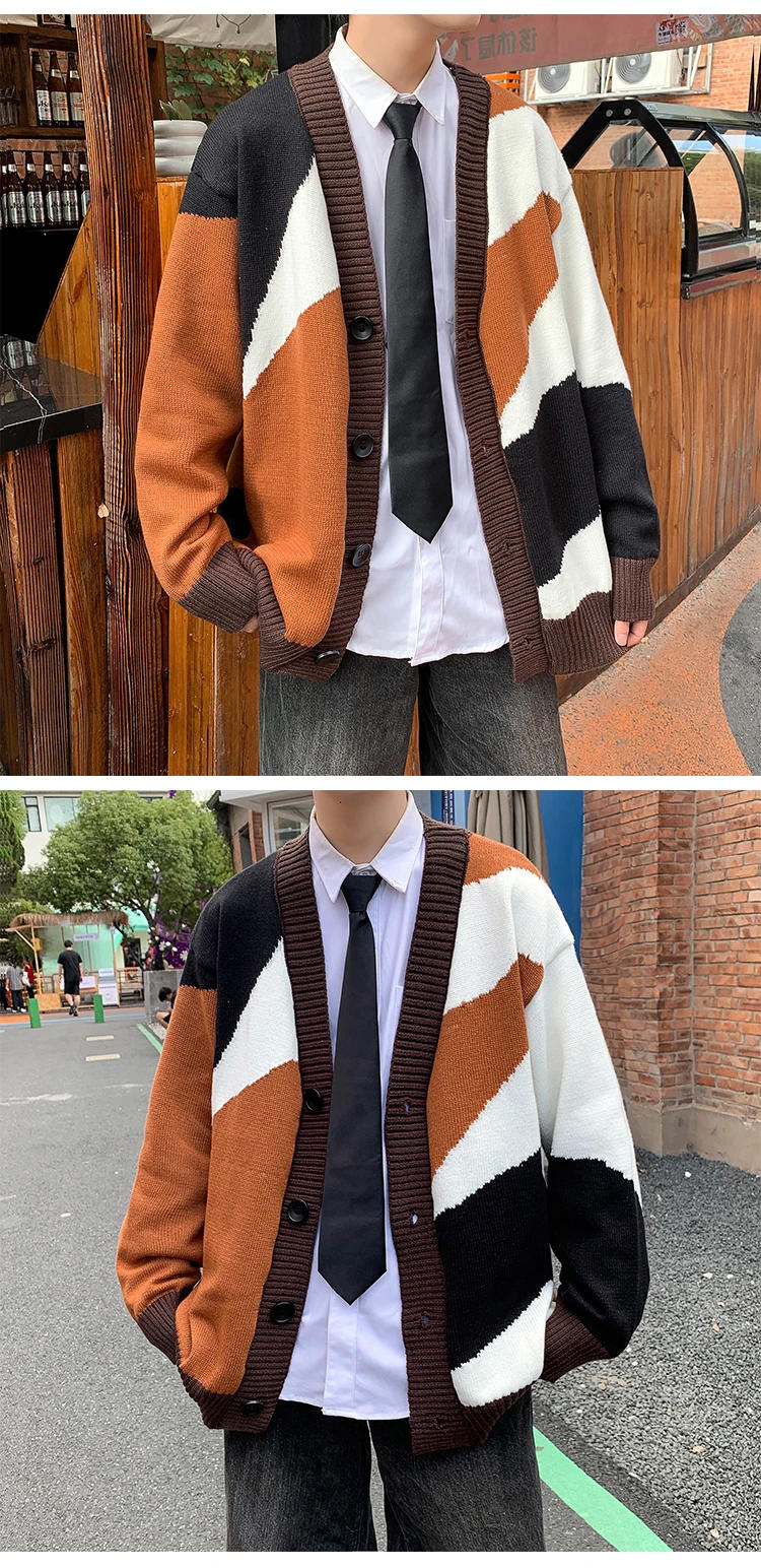 Description Picture 4 of item2024 Men Cardigan Autumn Male Outwear Mens Sweaters V-neck Retro Japanese Contrast Color Casual Oversized Loose Sweater Z53